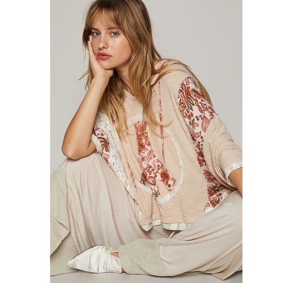 "The Justine" Oat Oversized Peace Sign Hooded Top - Picture 2 of 4